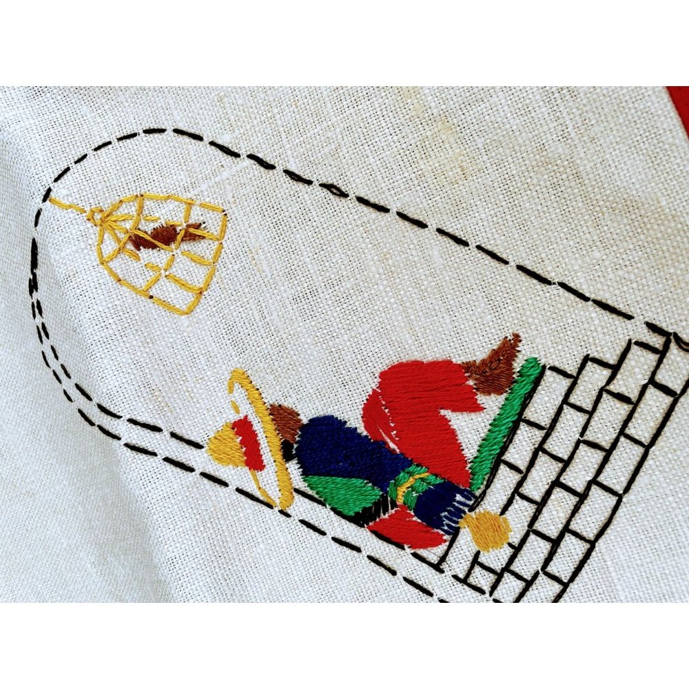 Vintage 1940s Linen Luncheon Tablecloth Napkins Man Sombrero Birdcage Embroidery - Picture 2 of 11